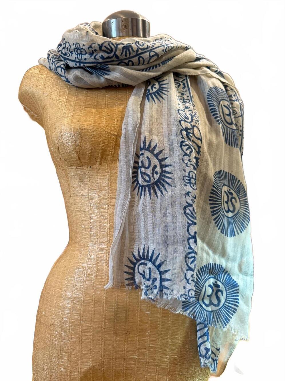 100% Cotton Om Print Scarf | Blue & White | New Without Tags